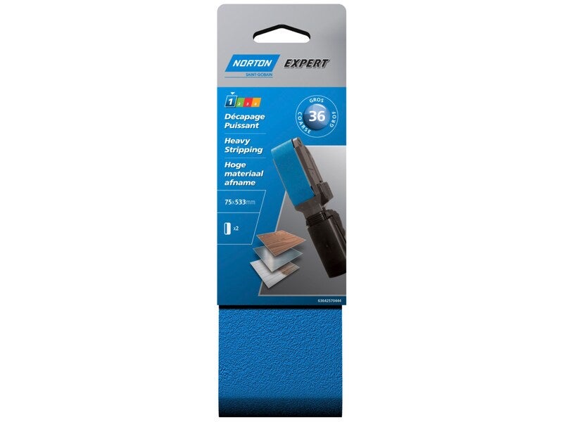 Lot de 2 bandes abrasives, NORTON, 75 x 533 mm, grains 36