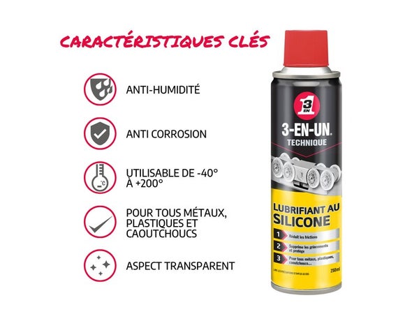 Lubrifiant au silicone en aérosol, 3-EN-UN TECHNIQUE, 250 ml