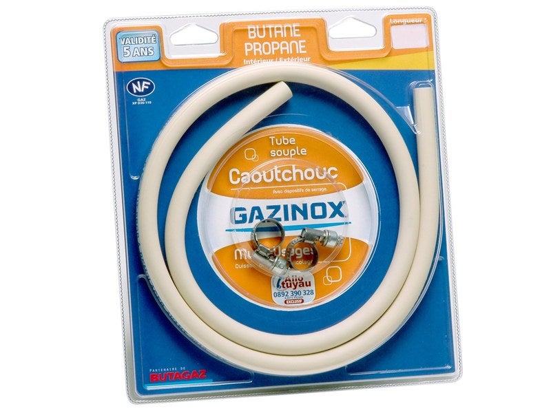 Tuyau caoutchouc gaz bp + 2 colliers, garantie 5 ans, GAZINOX, H.150 cm