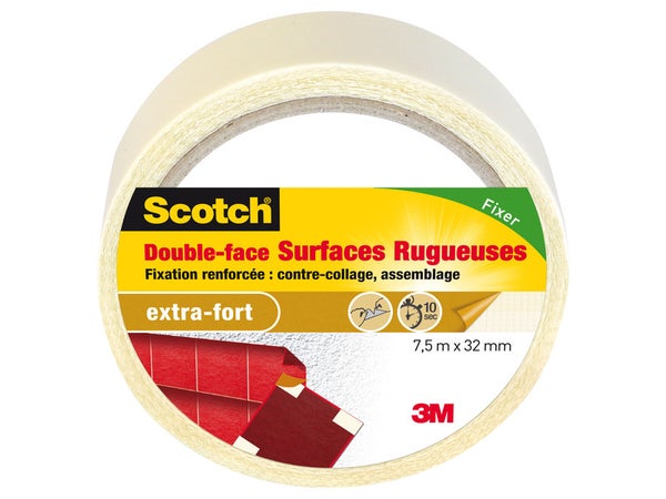 Rouleau adhésif double face surfaces rugueuses, SCOTCH L.7.5 m X l.32 mm