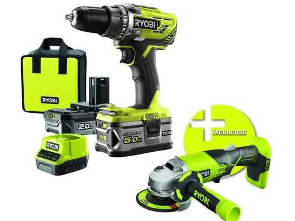 Kit 2 outils sans fil RYOBI Perceuse + meuleuse 2AH + 5AH R18DDAG-252S