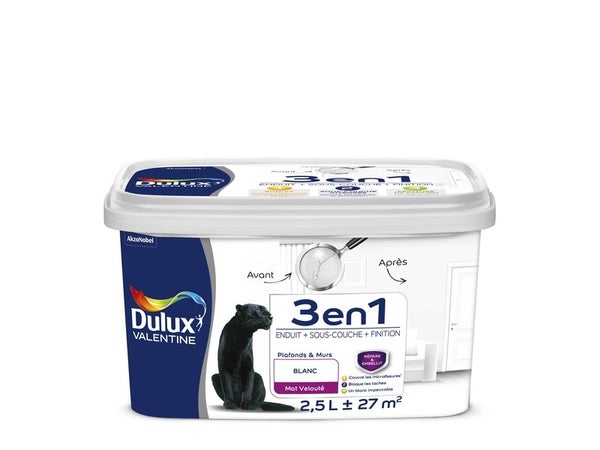 Peinture Mur / Plafond Dulux Valentine 3En1 Blanc Velours, 2.5 L