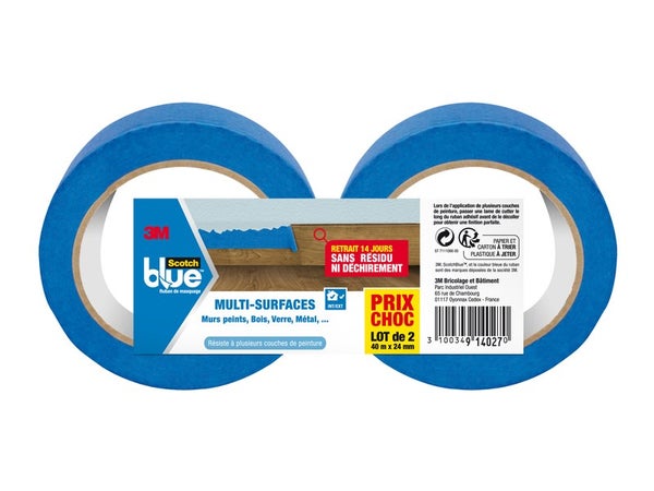 Lot de 2 rubans de masquage multisurface, SCOTCH, L.24 mm X l.40 m bleu