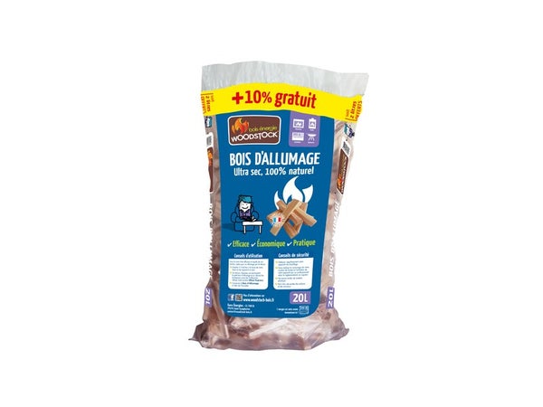 Bois d'allumage WOODSTOCK, sac de 20 L + 10% gratuit, L. 10 cm, résineux