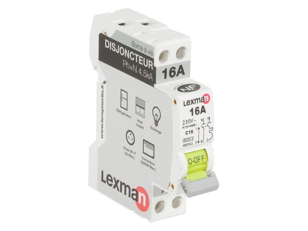Disjoncteur phase + neutre, LEXMAN, 16 A