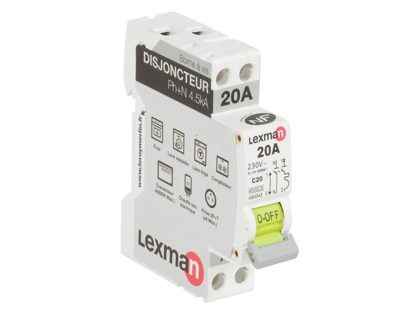 Disjoncteur phase + neutre, LEXMAN, 20 A