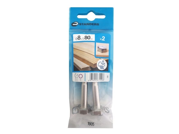 Lot De 2 Tirefond Inox Tête 6 Pans Standers, Diam.8 Mm X L.80 Mm