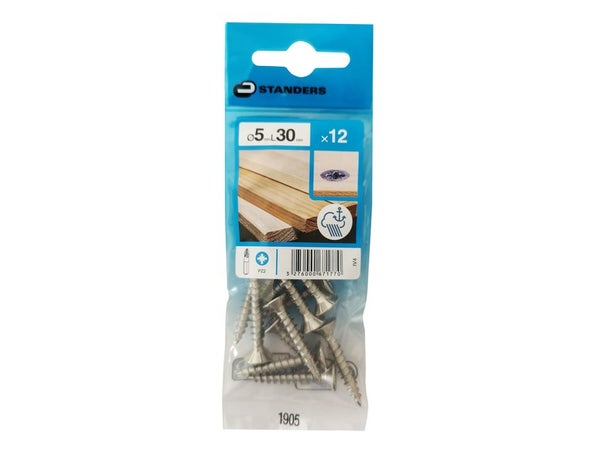 Lot De 12 Vis Inox Tête Fraisée Standers, Diam.5 Mm X L.30 Mm