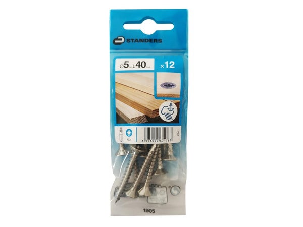 Lot De 12 Vis Inox Tête Fraisée Standers, Diam.5 Mm X L.40 Mm