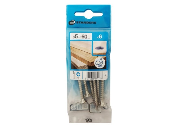 Lot De 6 Vis Inox Tête Fraisée Standers, Diam.5 Mm X L.60 Mm