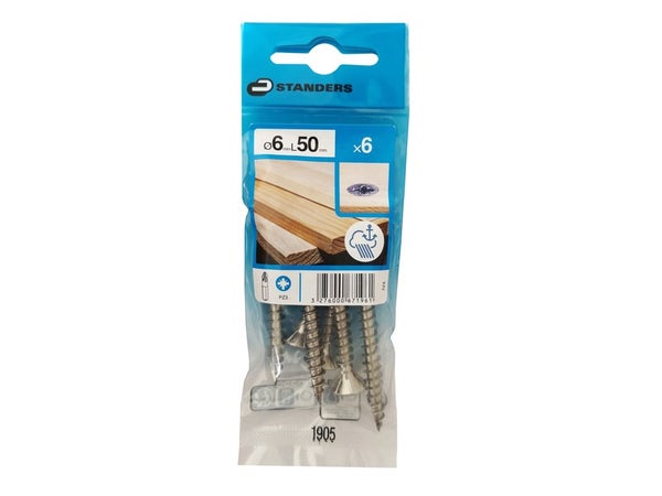 Lot De 6 Vis Inox Tête Fraisée Standers, Diam.6 Mm X L.50 Mm