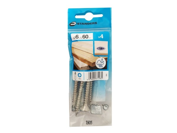 Lot De 4 Vis Inox Tête Fraisée Standers, Diam.6 Mm X L.60 Mm