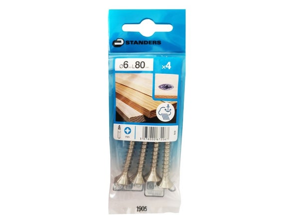 Lot De 4 Vis Inox Tête Fraisée Standers, Diam.6 Mm X L.80 Mm
