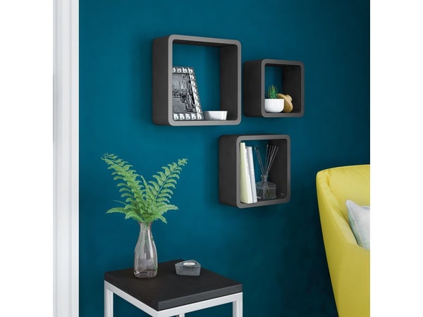 Etagère 3 Cubes Noir Mat, L.28 X P.10 Cm, Ep.15 Mm
