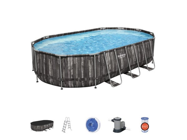 Piscine hors-sol POWERSTEEL BESTWAY, L.6,1 m x l.3,66 m x H. 1,22 m, ovale