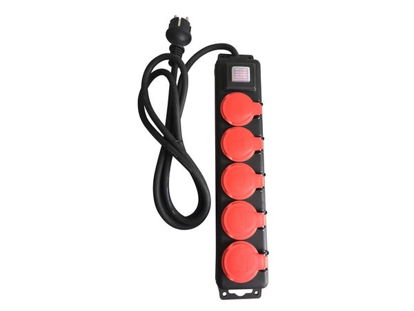 Multiprise Filaire, 5 Prises Rouge / Noir, 2M, Lexman