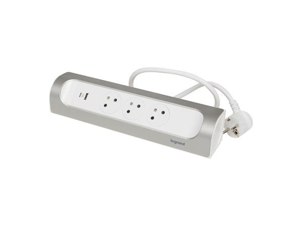 Multriprise angle 3 prises + usb alu blanc