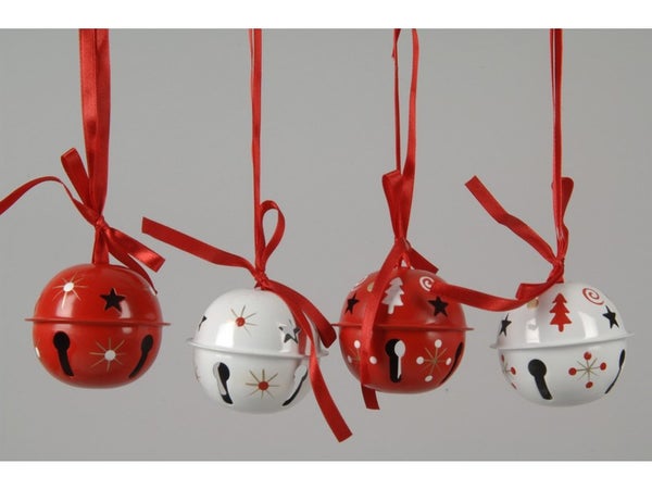 Deco noel a suspendre grelot metal rouge/blanc 6cm 4 variantes