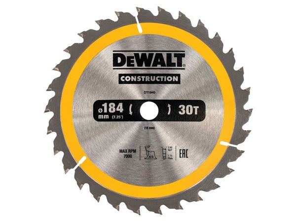Lame de scie circulaire portative construction Dewalt 184X16 mm