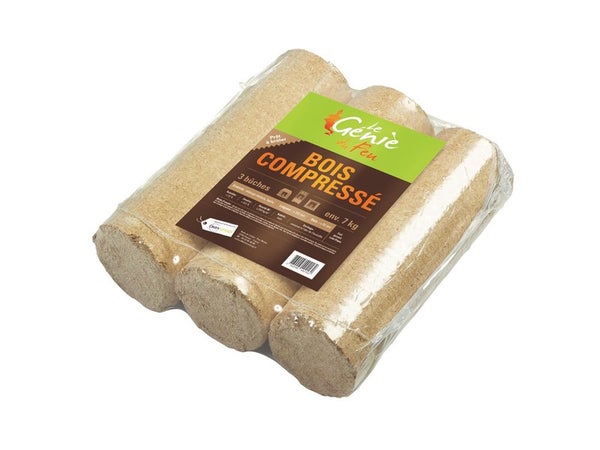 Pack de 3 bûches bois compressé / bois résineux, LE GENIE DU FEU, L. 30 cm 7 kg