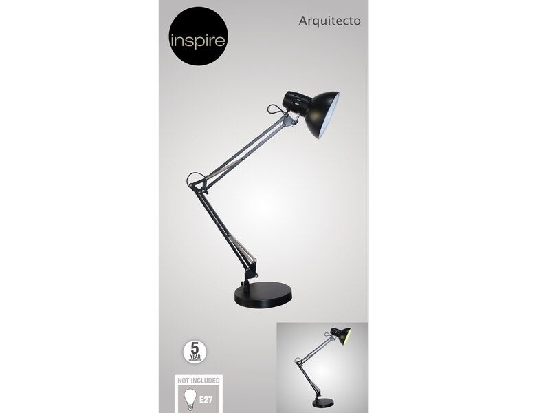 Lampe de bureau ARQUITECTO, E27, métal noir, Inspire