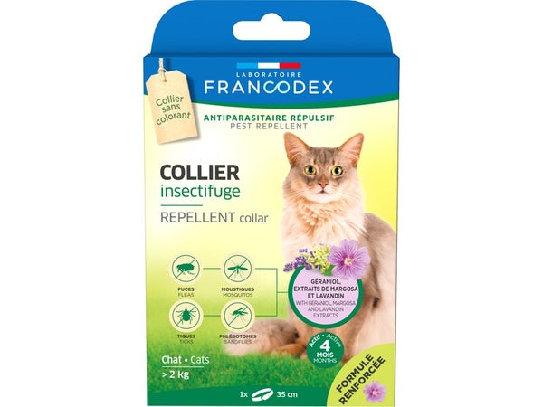 Collier insectifuge chat geraniol/margosa/lavandin blanc 35cm  FRANCODEX