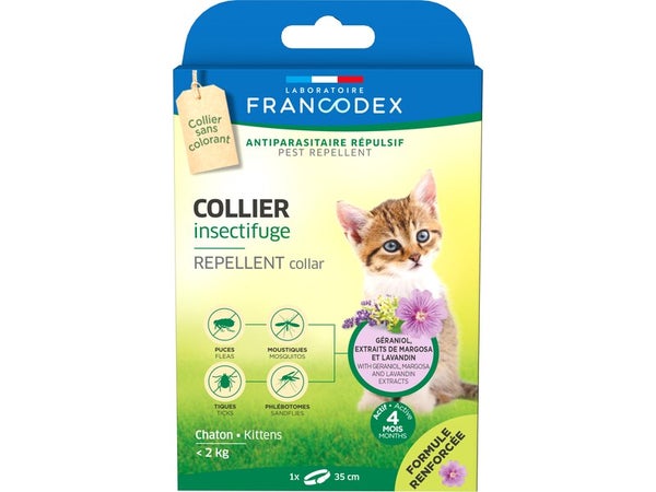 Collier insectifuge chaton geraniol/margosa/lavandin blanc 35cm  FRANCODEX