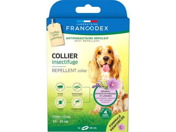 Collier insectifuge chien 10-20kg margosa/geraniol/lavandin 60cm  FRANCODEX