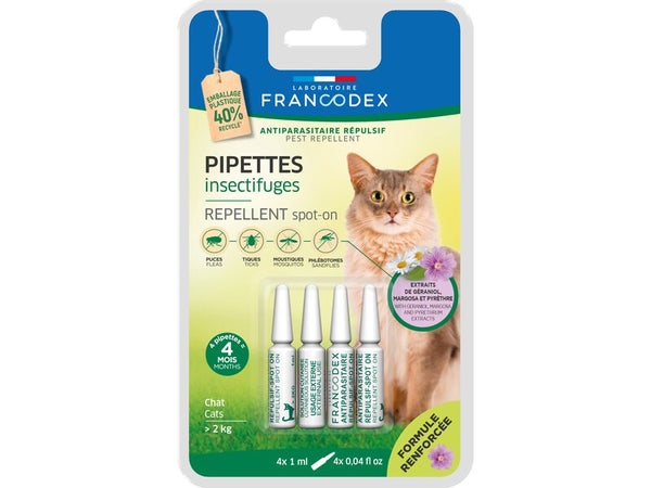 Antiparasitaire insectifuge chat+2kg naturel pipettes 4x1ml