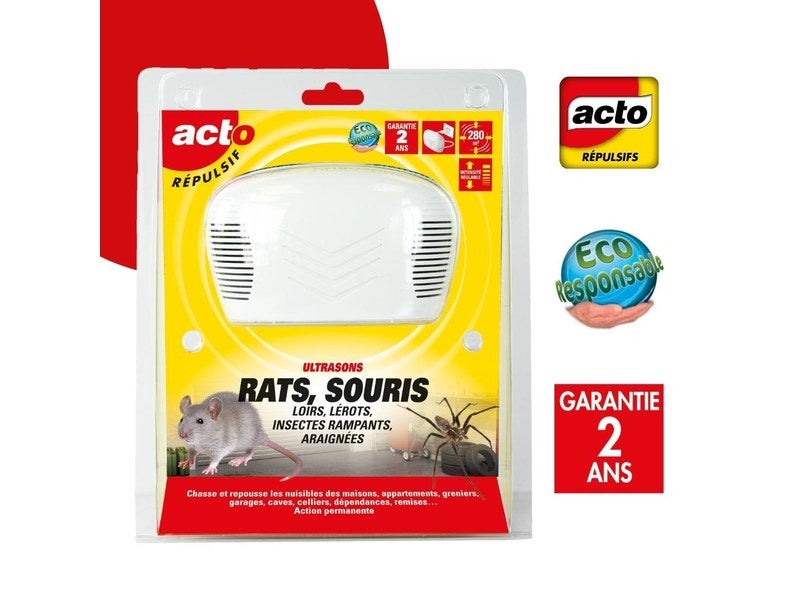 Répulsif ultrasons rats, souris, loirs, lérots et araignées, protége  jusqu'à 280 m²