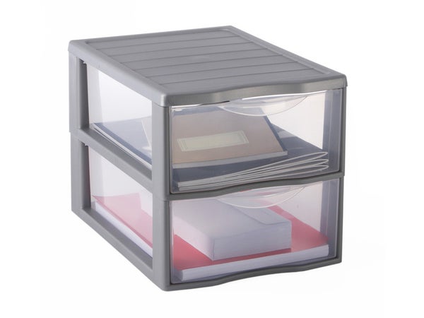 Boite de rangement en plastique avec 2 tiroirs Orgamix, l.26 x P.36 x H.25 cm argent