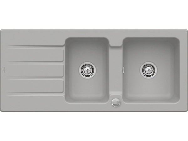Evier à encastrer 2 bacs avec égouttoir, céramique, gris / argent ELA
