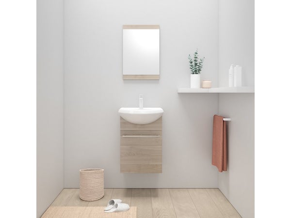 Meuble simple vasque l.42 x H.60 x P.25 cm, imitation bouleau, Aroa