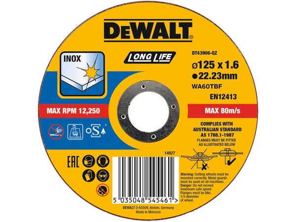 Disque a tronçonner pour inox, DEWALT DT43906, diam. 125 x 1.6 x 22 mm