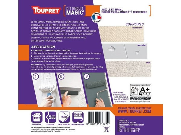 Kit enduit de lissage avec outils TOUPRET Magic' mur degrade 12 kg pate allegee