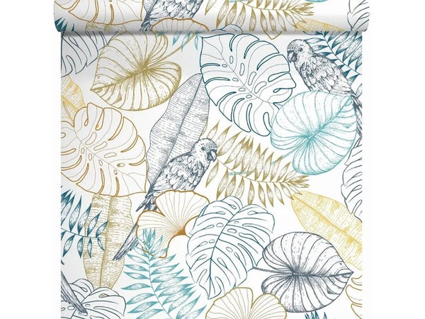 Papier peint intisse SEJOURS  CHAMBRES Perroquet graphique bleu
