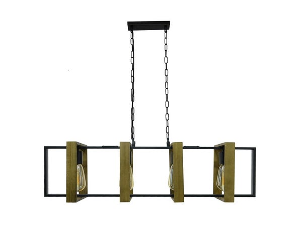 Suspension industrielle Wooli à 4 ampoules e27, C-CREATION, 60W diam. 90cm, métal noir et bois