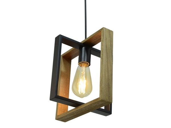 Suspension industrielle Wooli à 1 ampoule e27, C-CREATION, 60W diam. 24 cm, métal noir et bois