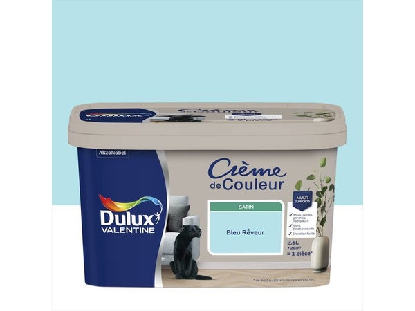 Peinture mur, boiserie crème de couleur DULUX VALENTINE bleu rêveur satiné 2.5L