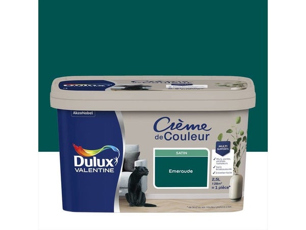 Peinture mur, boiserie crème de couleur DULUX VALENTINE émeraude satiné 2.5L