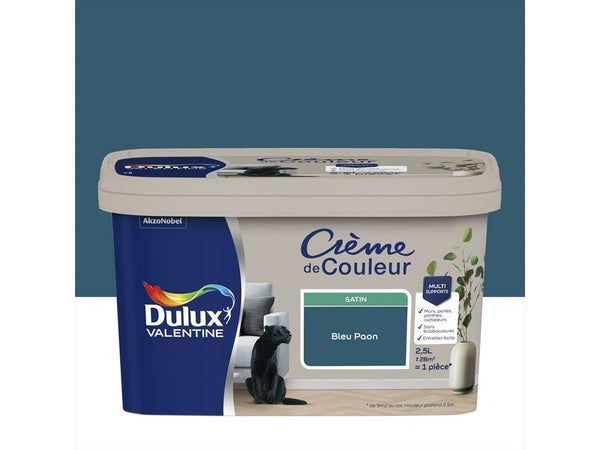 Peinture mur, boiserie crème de couleur DULUX VALENTINE bleu paon satiné 2.5L
