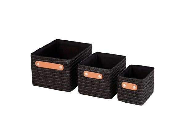 Lot de 3 paniers à rangement en polypropylène Paille, SENSEA, H.16 x l.19 x P.16 cm gris anthracite