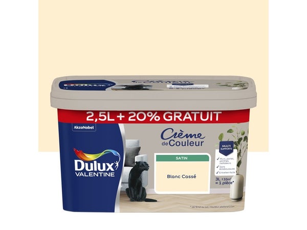 Peinture mur Crème de couleur DULUX VALENTINE blanc cassé satin 2.5L+20% gratuit