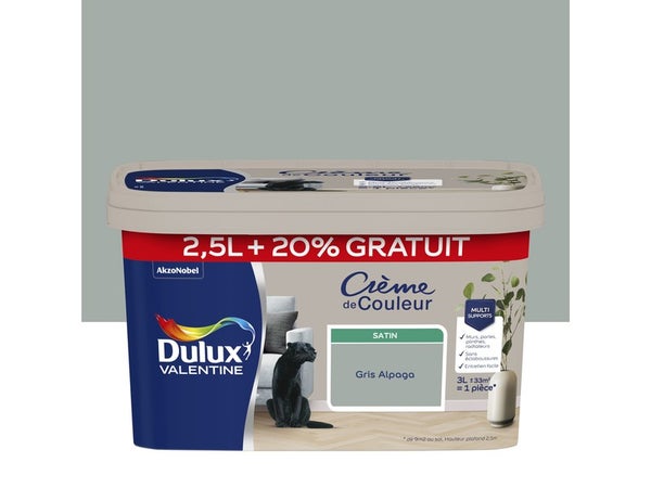 Peinture mur Crème de couleur DULUX VALENTINE gris alpaga satin 2.5L+20% gratuit