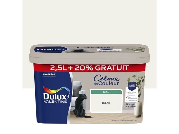 Peinture mur Crème de couleur DULUX VALENTINE blanc satiné 2.5L+20% gratuit