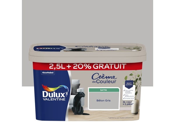 Peinture mur, Crème de couleur DULUX VALENTINE béton gris satiné 3 l