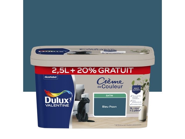 Peinture mur Crème de couleur DULUX VALENTINE bleu paon satin 2.5L+20% gratuit