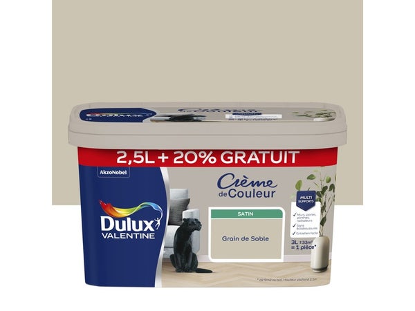 Peinture Crème de couleur DULUX VALENTINE grain de sable satin 2.5L+20% gratuit