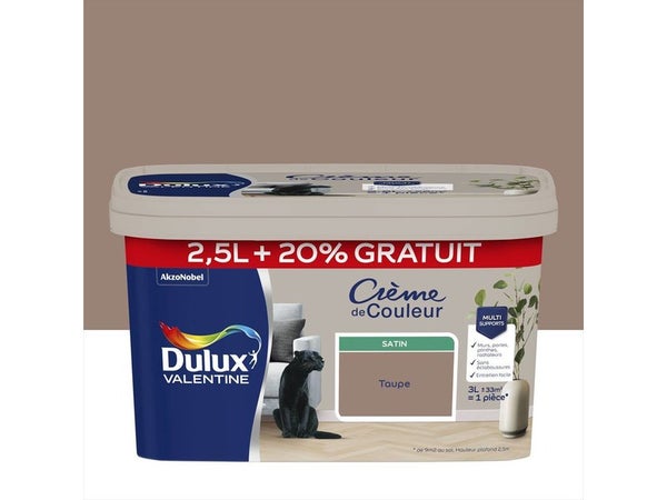 Peinture mur, Crème de couleur DULUX VALENTINE taupe satiné, 2.5L+20% gratuit