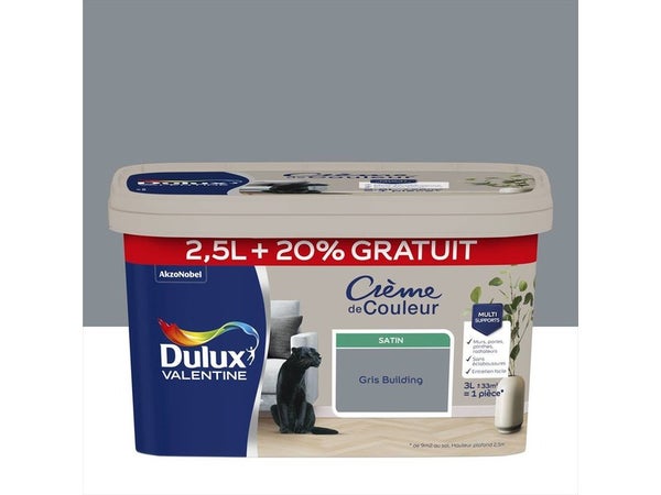 Peinture Crème de couleur DULUX VALENTINE gris building satin 2.5L+20% gratuit